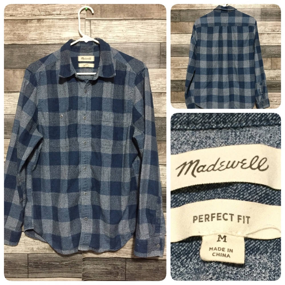 Madewell Blue Buffalo Plaid Perfect-Fit Cotton Flannel Men’s M Button-Down Shirt